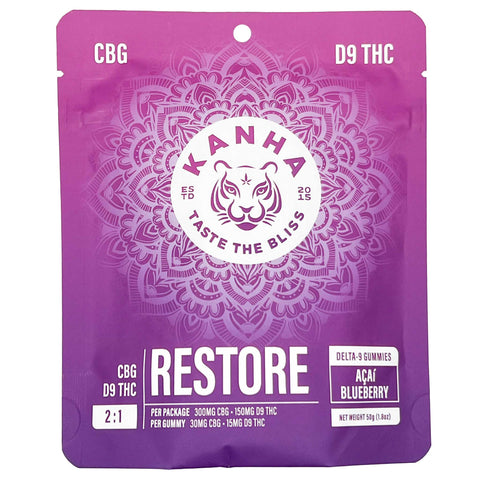 Kanha - Restore Gummies - CBG / Delta-9 - Fast-Acting Nano Technology - Acai Blueberry - 2:1 Ratio (300mg CBG:150mg D9) 10 Count