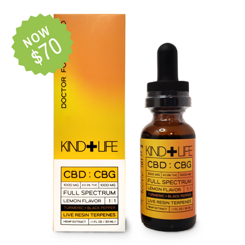 Kind+Life - CBD:CBG 1:1 Relief Tincture - Doctor Formulated Full-Spectrum Supplement Tincture - Turmeric and Black Pepper - Lemon Flavor - 2000mg 1oz