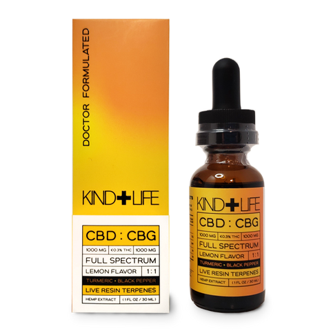 Kind+Life - CBD:CBG 1:1 Relief Tincture - Doctor Formulated Full-Spectrum Supplement Tincture - Turmeric and Black Pepper - Lemon Flavor - 2000mg 1oz