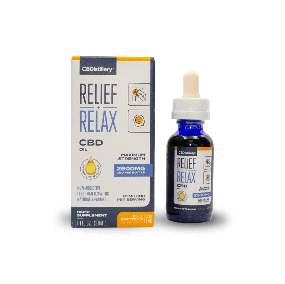 CBDistillery Tincture 2500mg with Relief + Relax Branding, Bottle and Box