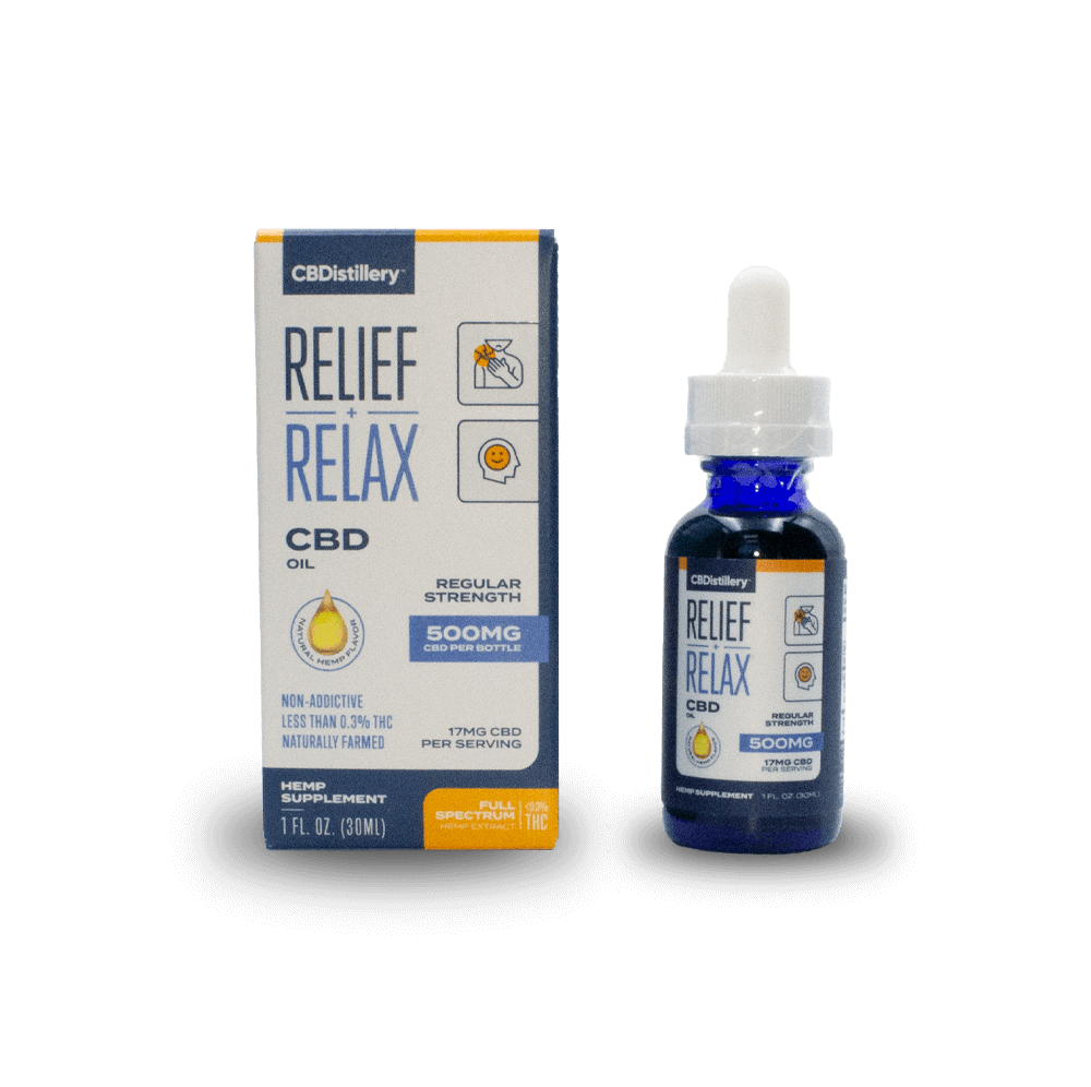 CBDistillery Tincture 500mg with Relief + Relax Branding, Bottle and Box
