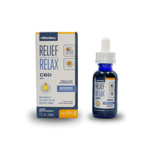 CBDistillery Tincture 500mg with Relief + Relax Branding, Bottle and Box