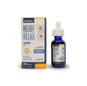CBDistillery Tincture 1000mg with Relief + Relax Branding, Bottle and Box