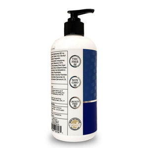 CBD Living 300mg Nano CBD Body Lotion Pump Bottle Side - Seals stating THC Free, Non-GMO, Cruelty Free
