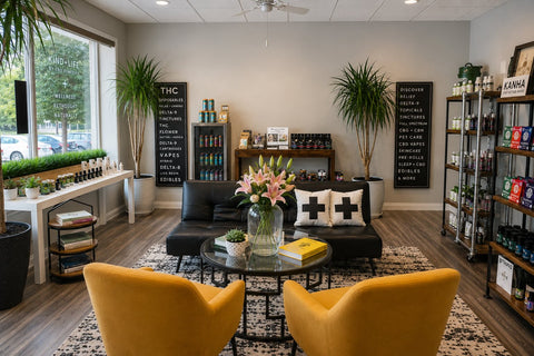 Interior of Kind+Life hemp wellness dispensary in Lincoln, Nebraska, featuring a welcoming consultation area and curated CBD and THC wellness products.