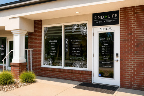Kind+Life hemp wellness dispensary storefront at 7160 S 29th St, Suite 7A in Lincoln, Nebraska, offering CBD, THC, flower, edibles, tinctures, topicals and pet CBD.