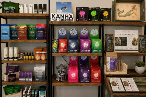 Curated product selection at Kind+Life in Lincoln, Nebraska, featuring KANHA gummies, THCa flower, CBD and CBG wellness products, and Enjoy Hemp disposables.