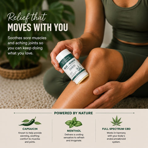 Woman applying Lazarus Naturals Full Spectrum CBD Balm Stick to knee