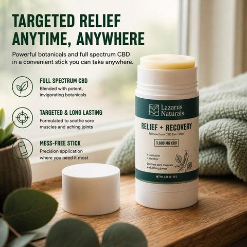 Lazarus Naturals 3600mg CBD Balm Stick with menthol and capsaicin for targeted topical support