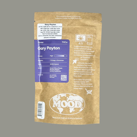 Back of Mood Gary Payton THCa flower package with strain details and lab information