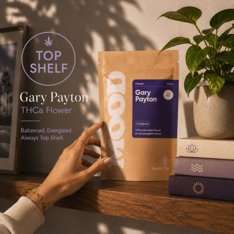 Mood Gary Payton THCa flower displayed on a shelf with Top Shelf callout