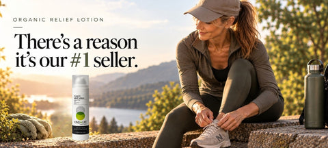 Woman staying active with Kind+Life Organic Relief Lotion, a topical with 2,000mg Delta-8 THC, 800mg full-spectrum CBD, arnica and soothing botanicals for everyday comfort, movement, travel and post-activity relief.