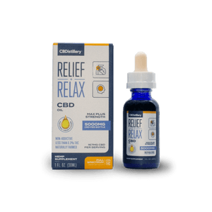 CBDistillery Tincture 5000mg with Relief + Relax Branding, Bottle and Box