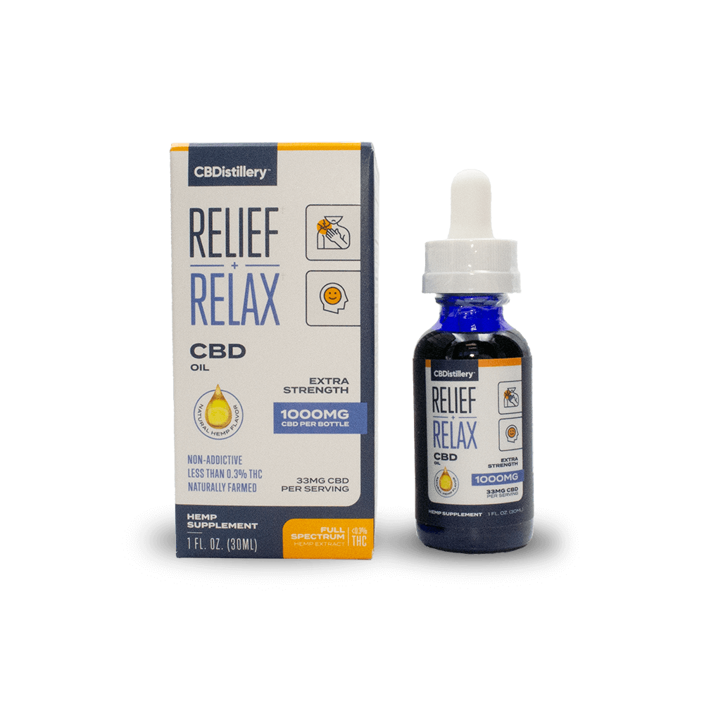 
                
                    Load image into Gallery viewer, CBDistillery Tincture 1000mg with Relief + Relax Branding, Bottle and Box
                
            