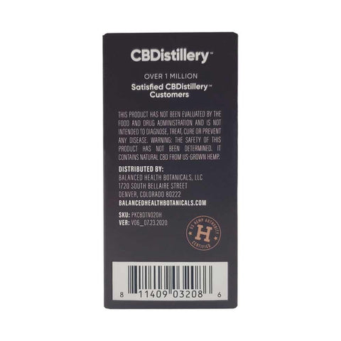 CBDistillery Pet Tincture 600mg/20mg per serving Box Back FDA Disclaimer and US Hemp Authority Seal