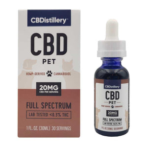 CBDistillery Pet Tincture 600mg/20mg per serving Box Front and Bottle Front