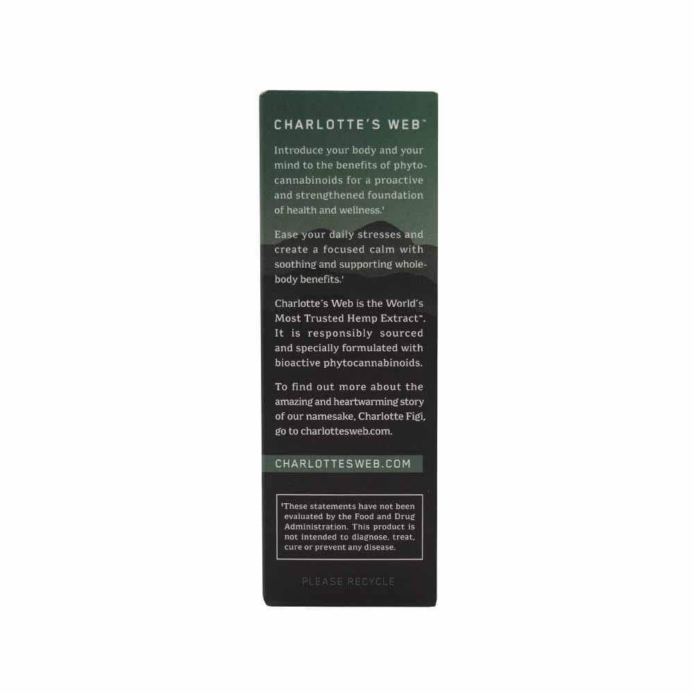 Charlottes Web Max Strength Tincture Mint Chocolate Box Back with an About Charlottes Web