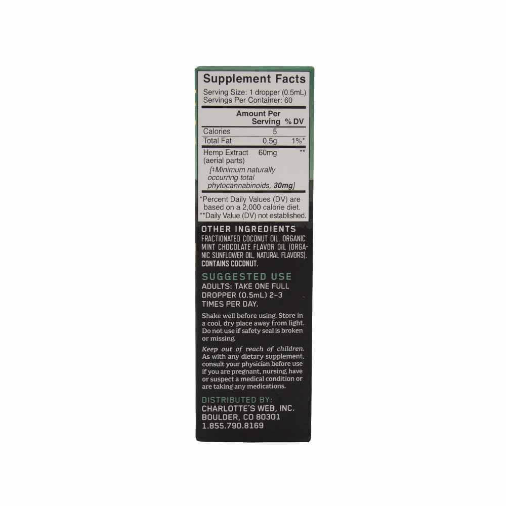 Charlottes Web Max Strength Tincture Mint Chocolate Box Back Supplement Facts, Other Ingredients, Suggested Use