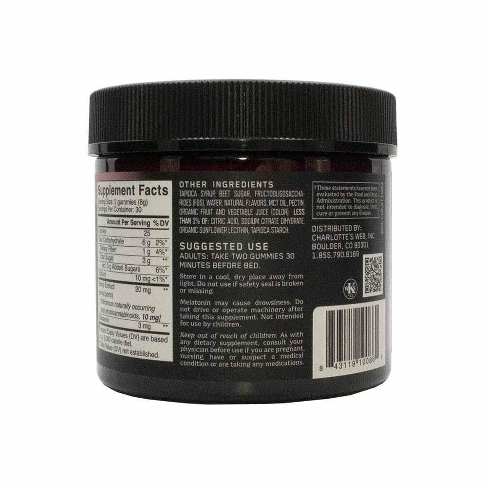 Charlottes Web Sleep Gummies Tub Back with Supplement Facts, Other Ingredients, Suggested Use, and QR Code