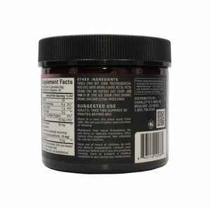 Charlottes Web Sleep Gummies Tub Back with Supplement Facts, Other Ingredients, Suggested Use, and QR Code