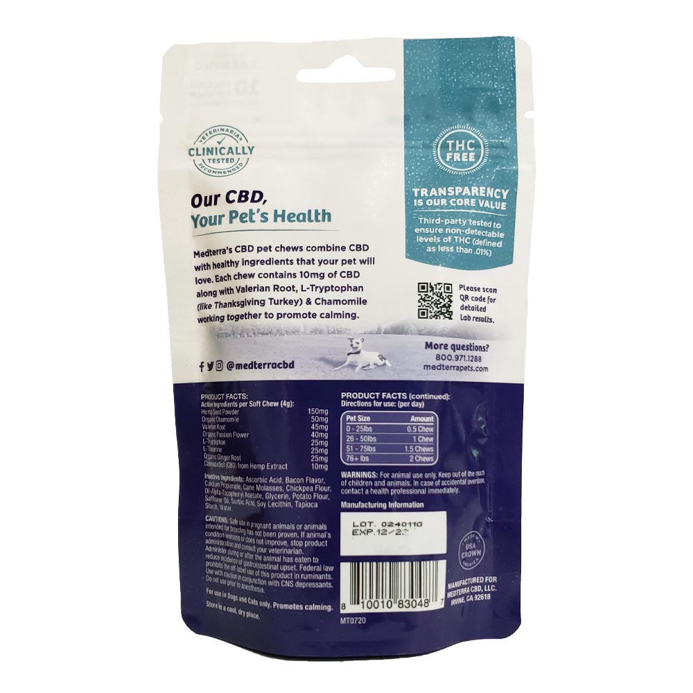 Medterra Pets Calming Soft Chews 300mg CBD Bacon Flavor Bag Back with Ingredients, Suggested Dose, and Warnings