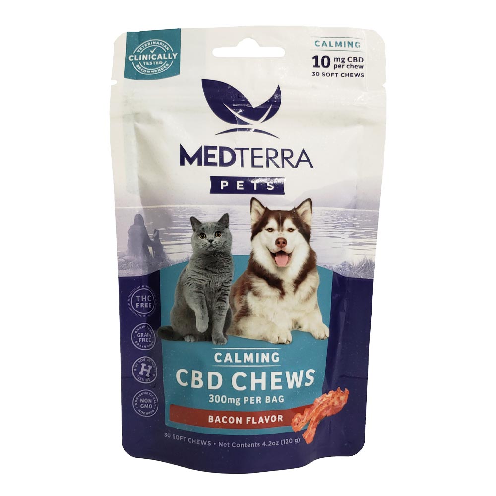 Medterra Pets Calming Soft Chews 300mg CBD Bacon Flavor Bag Front with Made in America, Zero THC, Non GMO, Grain Free, Hemp Authority Seals