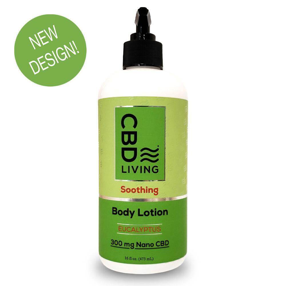 CBD Living 300mg Nano CBD Body Lotion Pump Bottle Front Eucalyptus, New Design